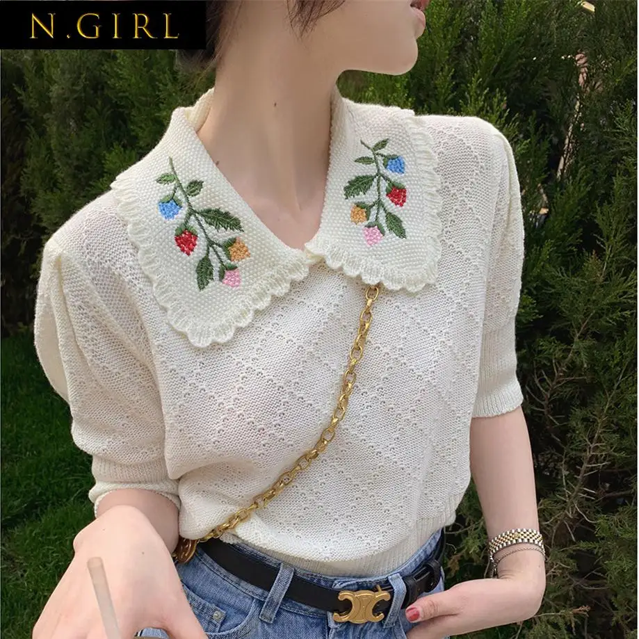 

embroidery paragraphs short thin sweater new spring and summer female hedge short sleeve blouse