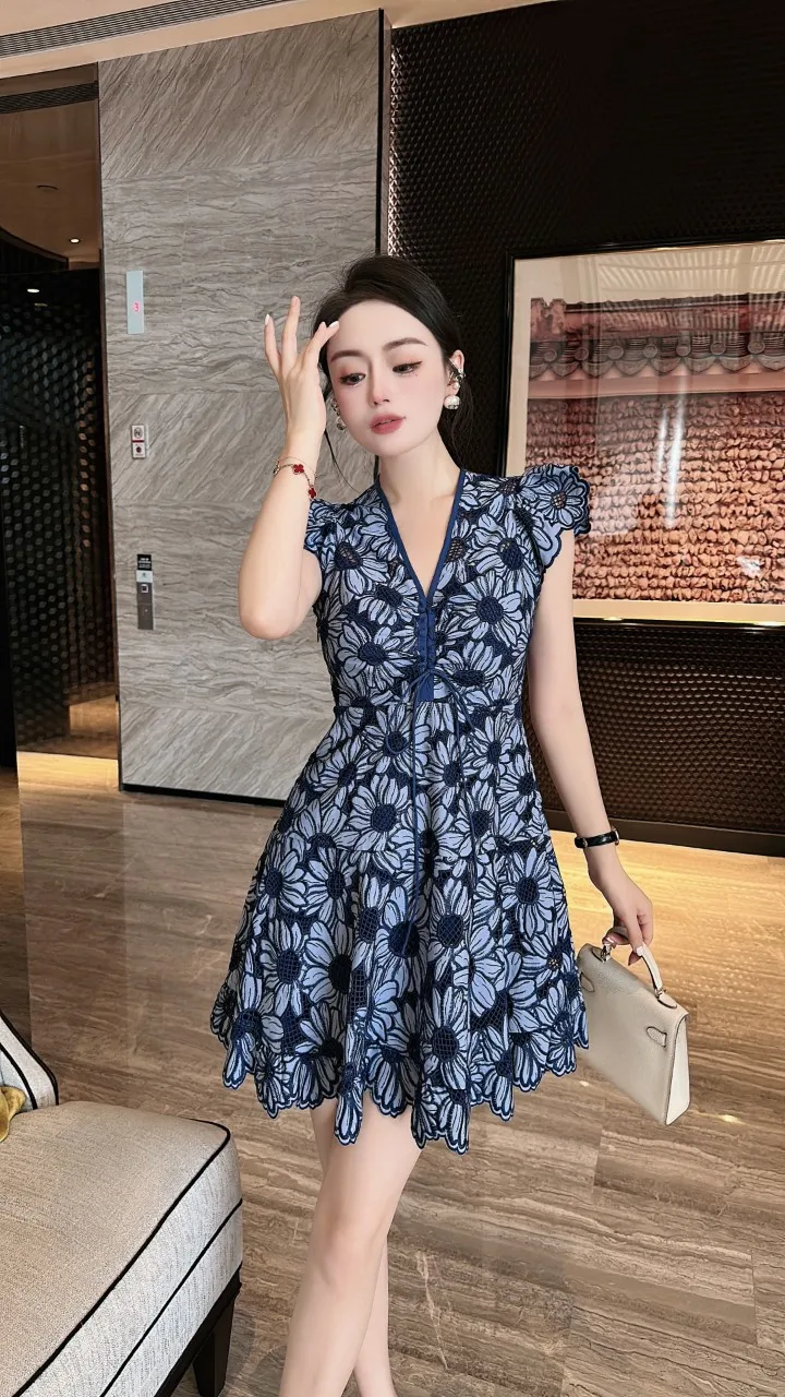 

Женское ажурное платье с вышивкой, кружевное платье с V-образным вырезом и кулиской, весна-лето 2023