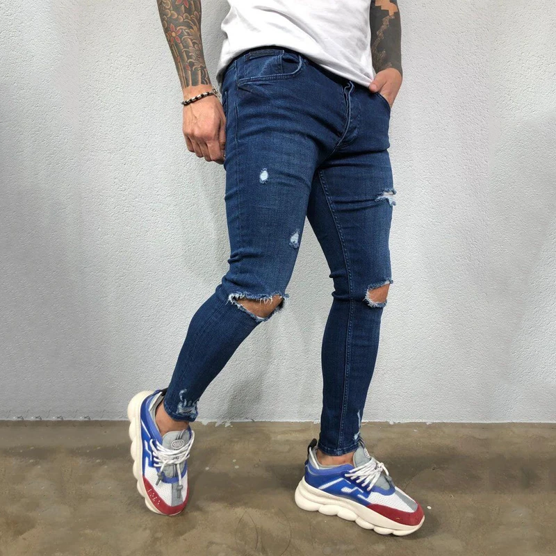 High quality new European and American men's ripped elastic skinny jeans torn trend pants student social casual men's pants