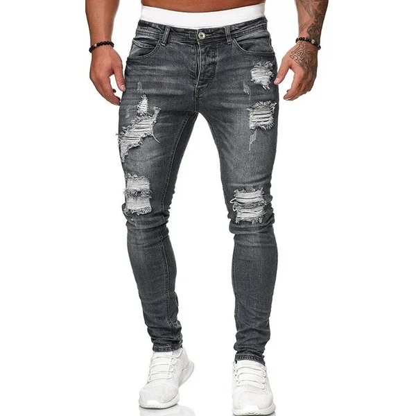 Men Stretchy Ripped Skinny Biker Embroidery Cartoon Print Jeans Destroyed Hole Slim Fit Denim High Quality Hip Hop Black Jeans