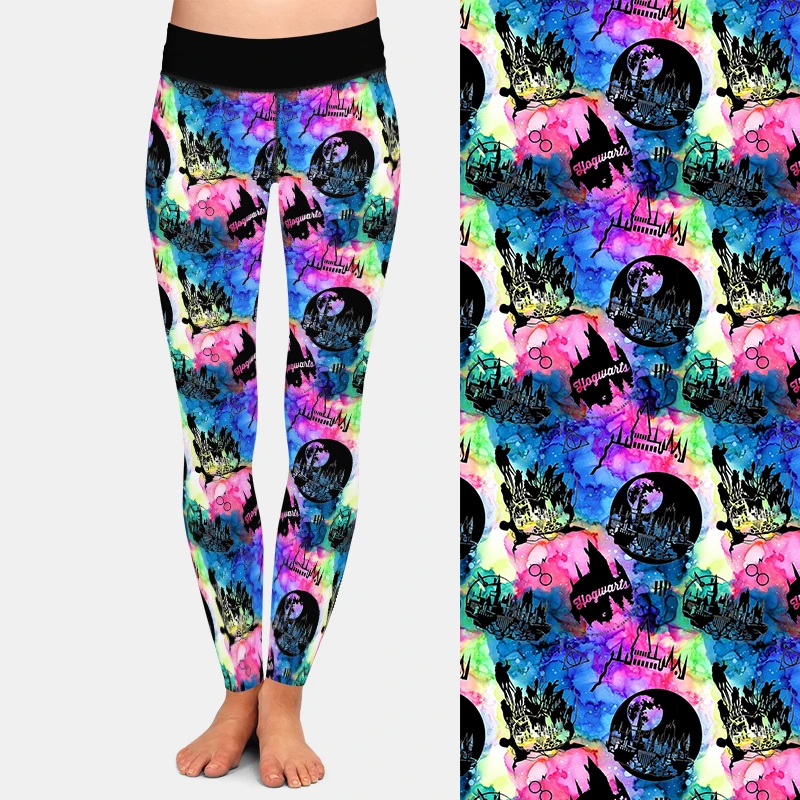 LETSFIND High Quaility 220gsm Milk Silk Print Castle Print Women Pants High Waist Fitness Slim Soft Stretch Leggings