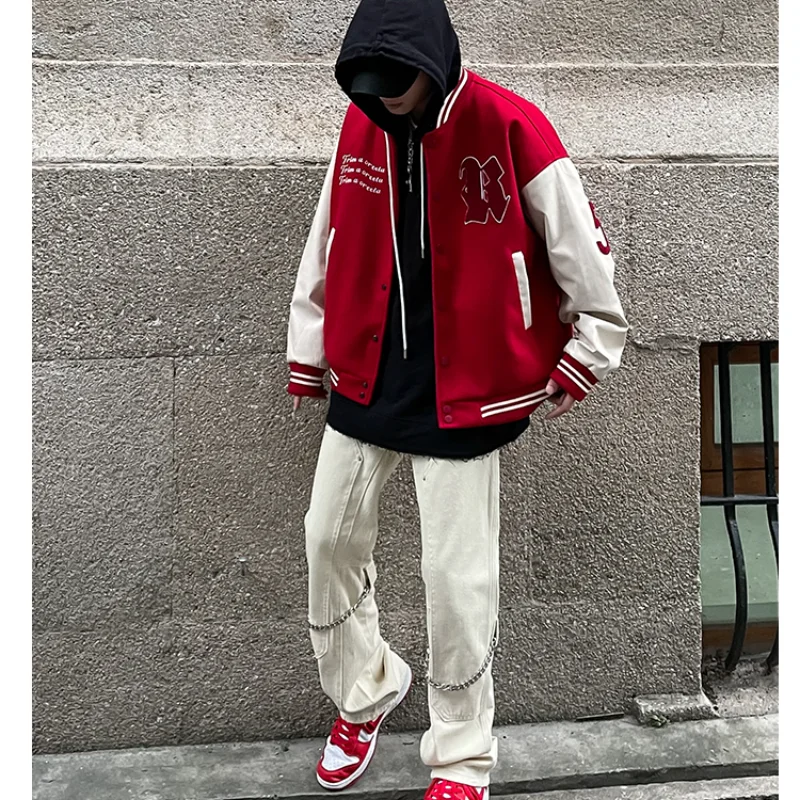 Retro Alphabet Embroidery Baseball Jacket Men Ins Hip Hop Hiphop Couple Jacket American Trend Street Harajuku Style