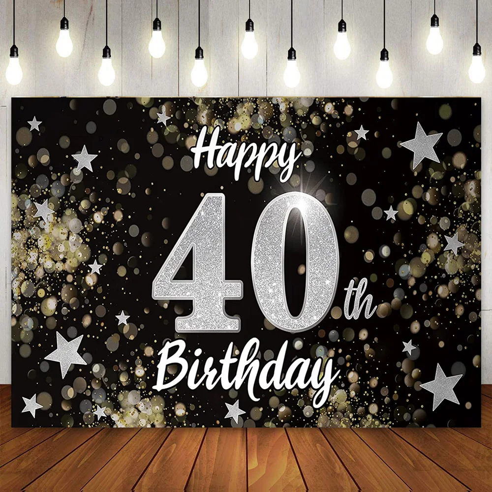 Happy 40th Birthday Party Backdrop Black & Silver Glitter Bokeh Star Cake Table Banner Forty Years Old Photo Booth Background