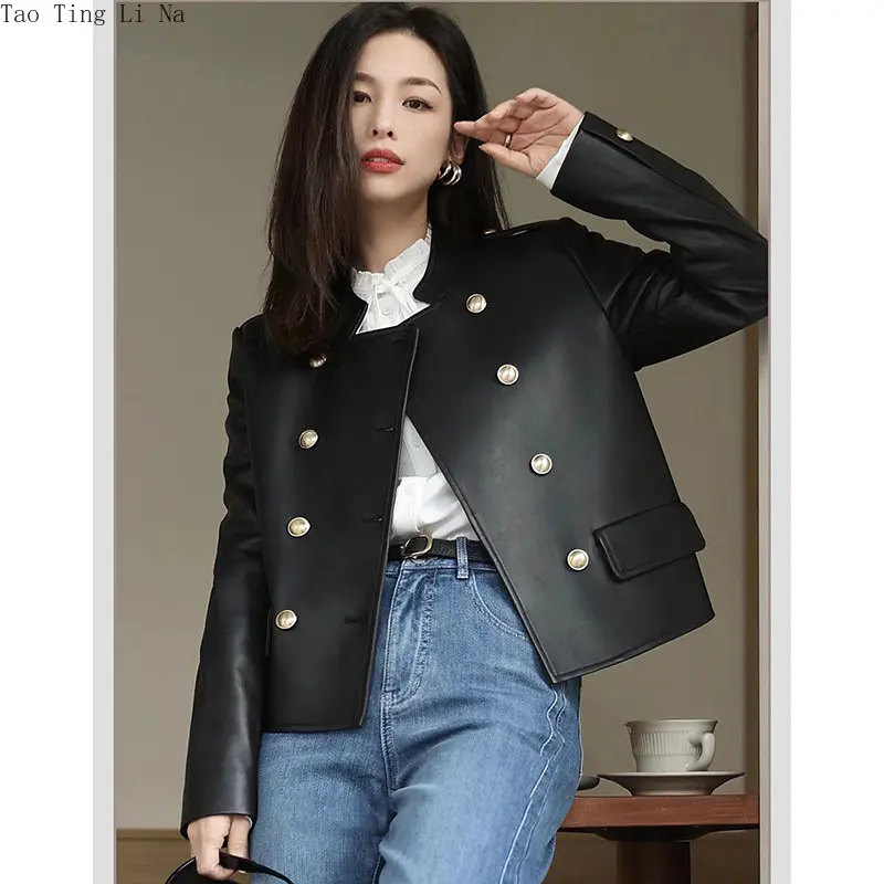 2023 Women New High Quality Genuine Sheep Leather Jacket Small Gold Button Real Sheepskin Leather Coat W18