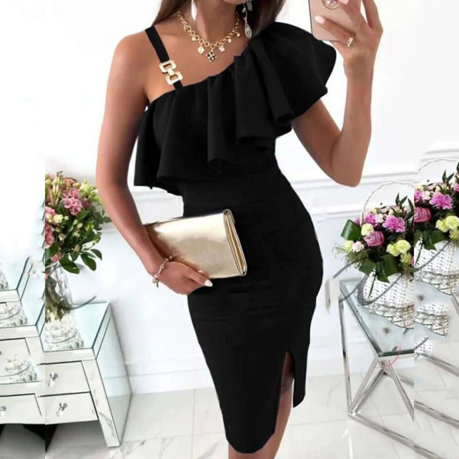 

Women Fashion Sling Off Shoulder Sleeveless Slim Fit Waist Party Cocktail Dress Romper Dress