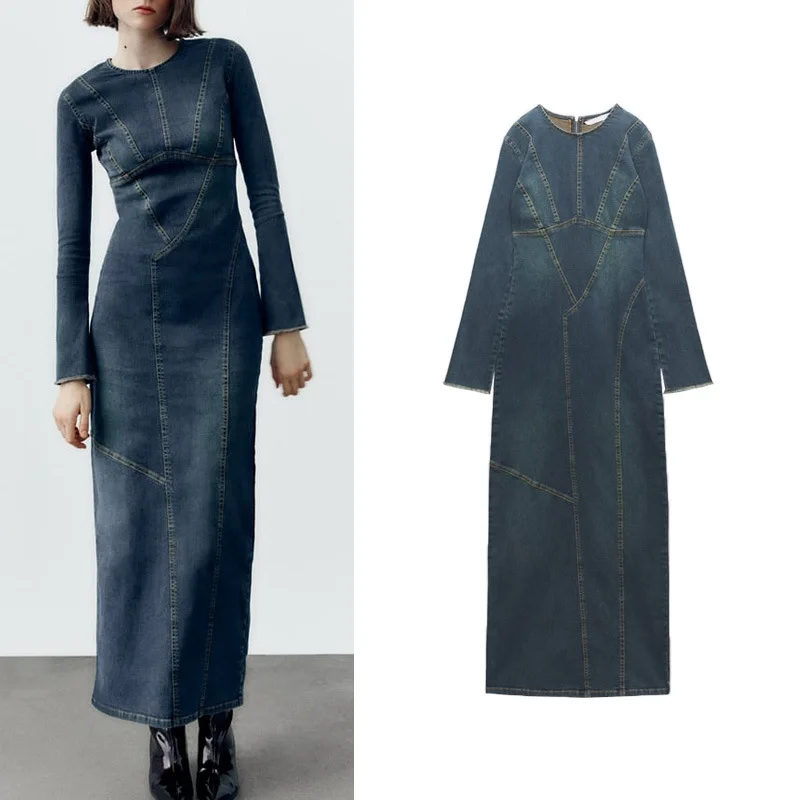 

Синие джинсовые платья для женщин, весна 2023, длинные платья для женщин в стиле High Street, женские Макси-платья с длинным рукавом и разрезом, женское платье