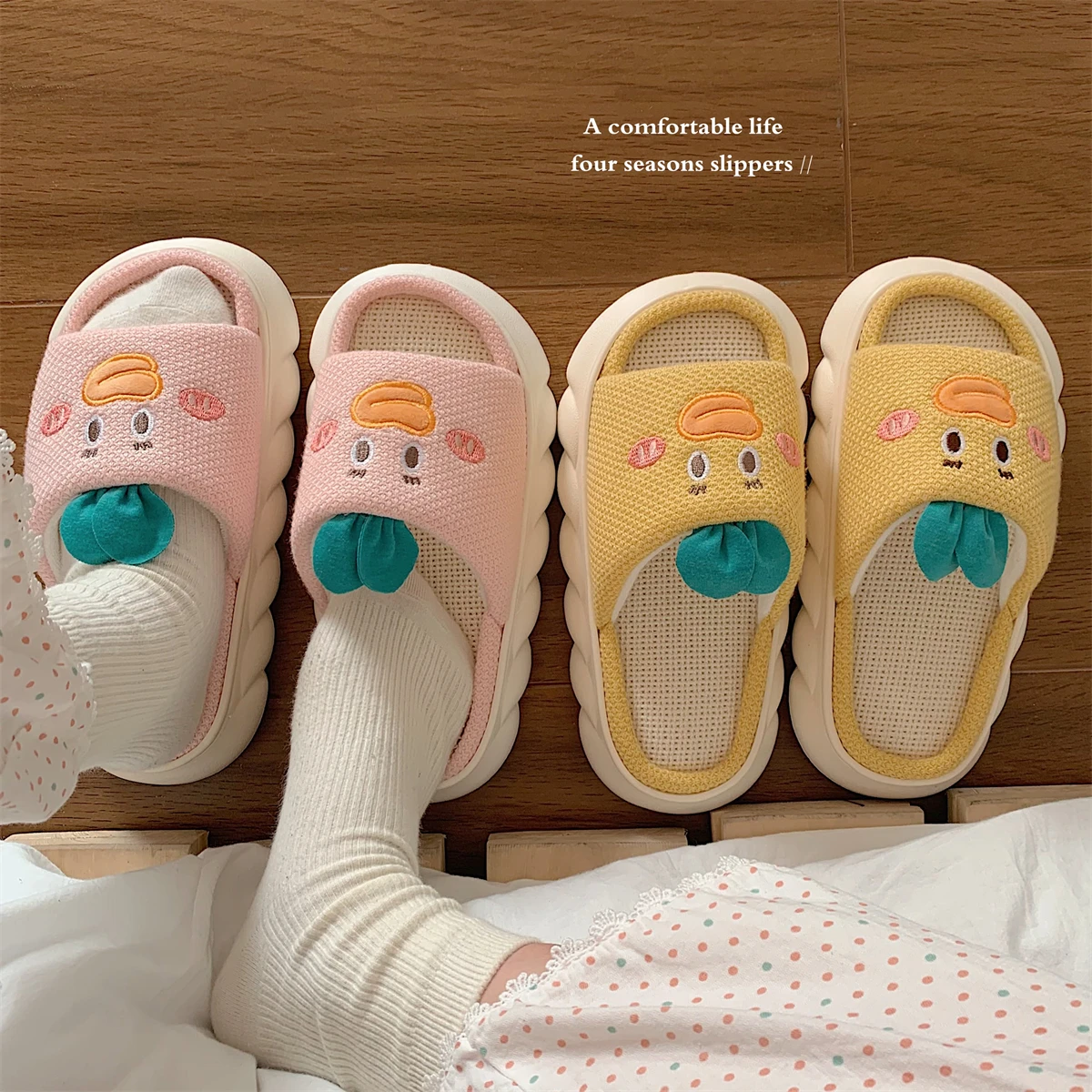 2022 New Couple Four Seasons Universal Non-slip Soft Bottom Indoor Slippers Fashion Cute Japanese Linen Adult Bedroom Sandals ho