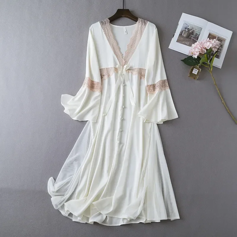 

Loungewear Female Nightgown Sleepwear Long Bathrobe Dressing V-neck Lace Gown Satin Dress Style Nightwear Sleeve Court Home