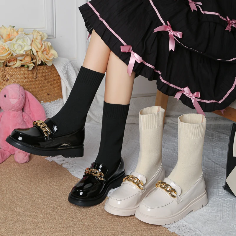 

Ботильоны на плоской подошве, весна-осень, британский стиль, низкий каблук, черные, белые вязаные эластичные ботинки, женские ботинки до щик...