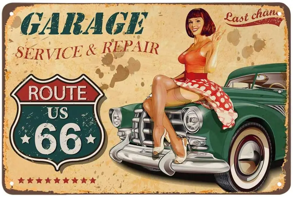AOYEGO Pin Up жестяная вывеска oute 66 Garage Service Repairs Women Sit On the Green Car Винтажные металлические