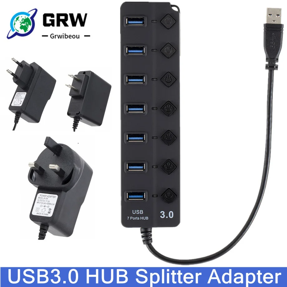 

GRWIBEOU USB 3.0 HUB Multi USB Splitter 7 Port Expander Multiple USB 3.0 Hab Use Power Adapter USB3.0 with Switch For PC