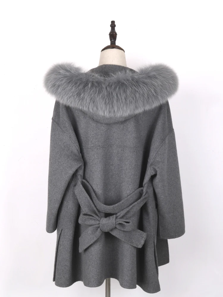 Winter Women Real Fox Fur Coat Cashmere Double Faced Wool Jacket Fashion Outerwear Ladies Oversized Hooded Coats Streetwear