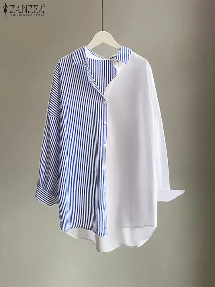 

ZANZEA Korean Casual Shirts Women's Fashion Irregular Hem Blusas 2022 Spring Long Sleeve Blouse OL Striped Patchwork Tops Tunic