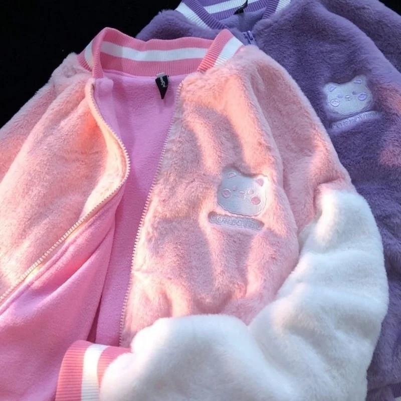 

Purple lamb fur sweet cool bear jacket female Korean winter fashion thickening plus velvet jacket female new female jacket 2022