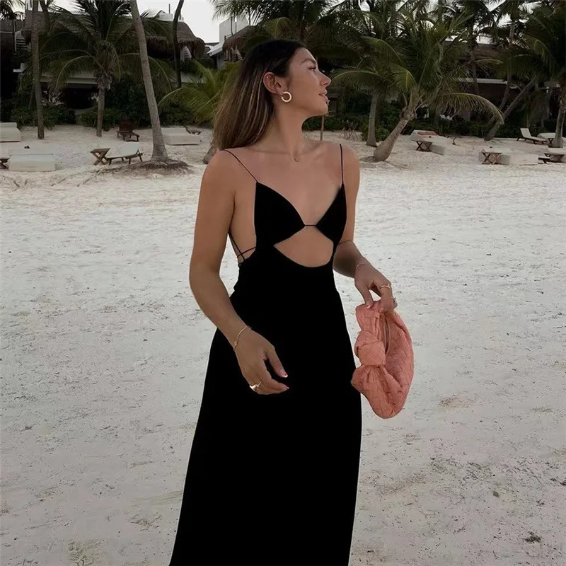 

Summer Spaghetti Strap V-Neck Maxi Dress Women Elegant Hollow Out Backless Cleavage Lace Up Fit and Flare Robe Strretwear mujer