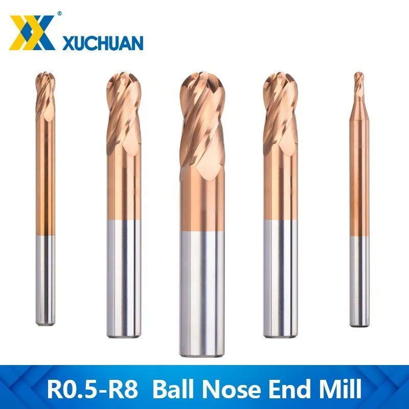 

Ball Nose End Mill 4 Flute Carbide Milling Cutter HRC 50 TiCN Coated CNC Router Bit Spiral Milling Tools R0.5-R8