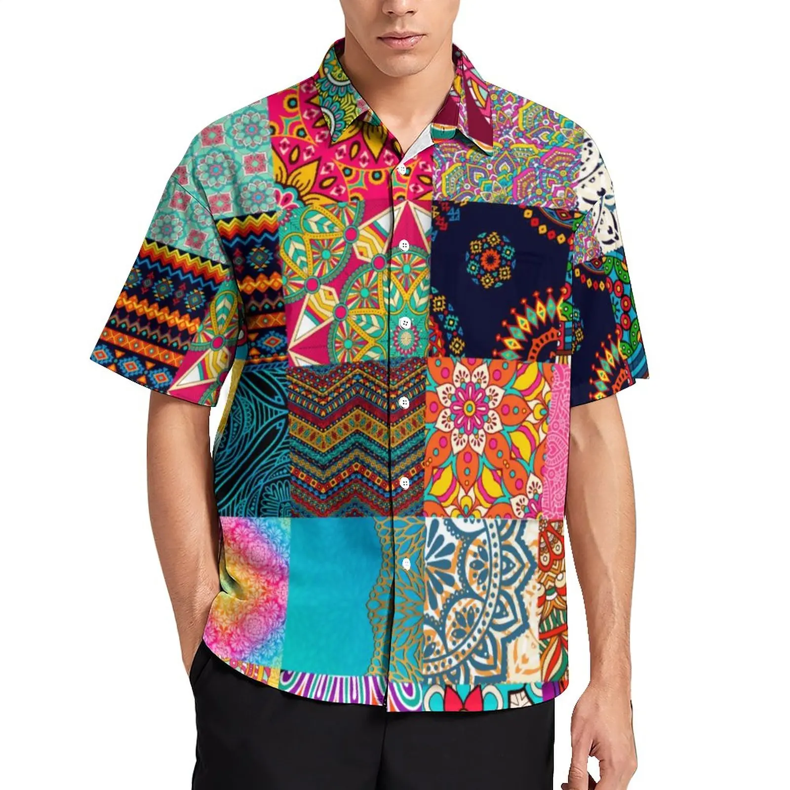 

African Print Patchwork Beach Shirt Vintage Bohemia Casual Shirts Men Vintage Blouses Summer Short-Sleeve Custom Top Large Size