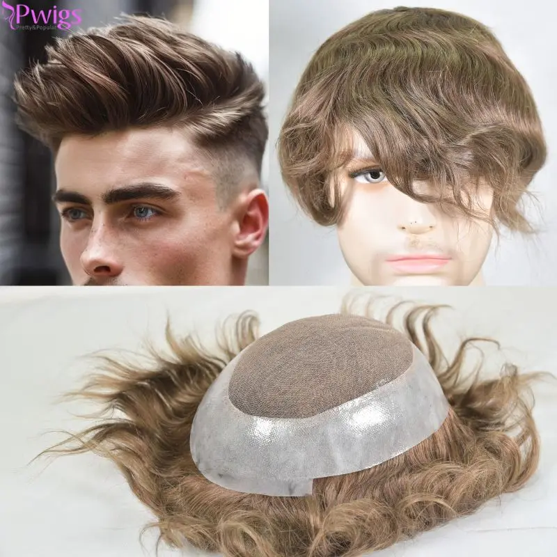 Pwigs Men's Toupee Durable PU Skin Base with Soft Swiss Lace Hairpiece 100% Human Hair for Men 7# Light Brown System