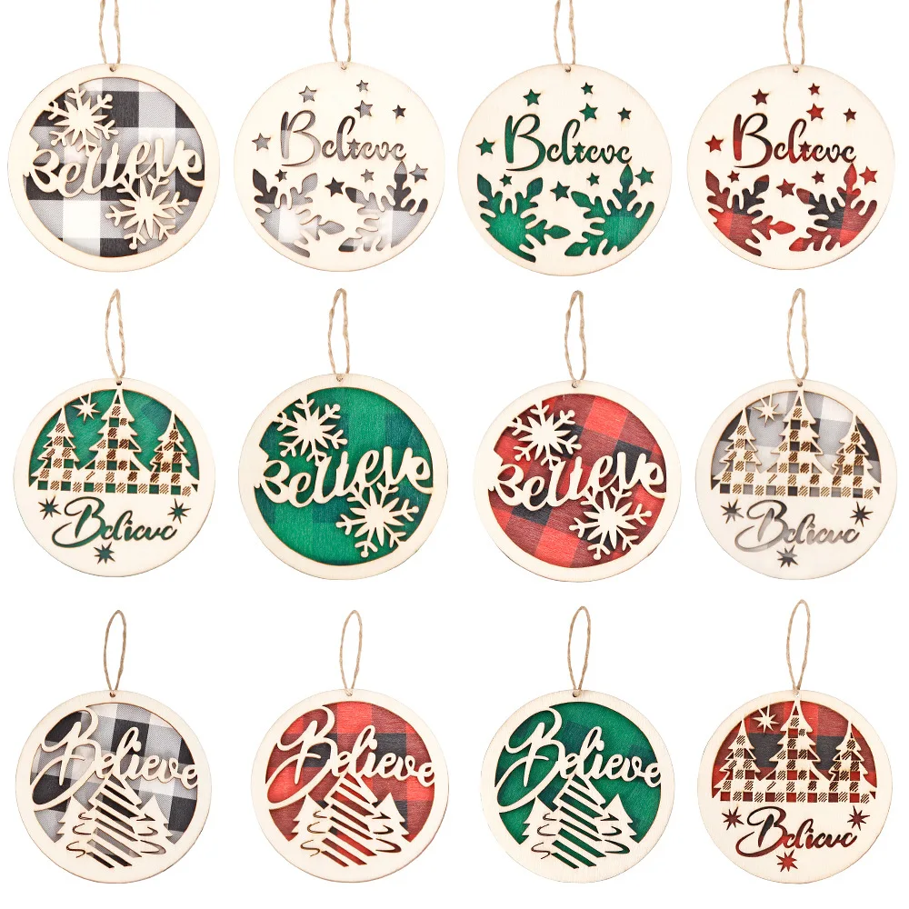 

4 PCS Round Wooden Christmas Tree Ornaments Wood Hanging Pendant Rustic Gift Tag for Xmas New Year Holiday Gifts Indoor Outdoor