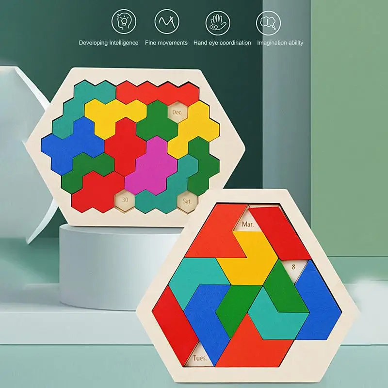 

3D Hexagonal Wooden Puzzles Tangram Geometry Logic IQ Games Preschool Tangram Board Interesting Changeful Puzzle Toys for kids