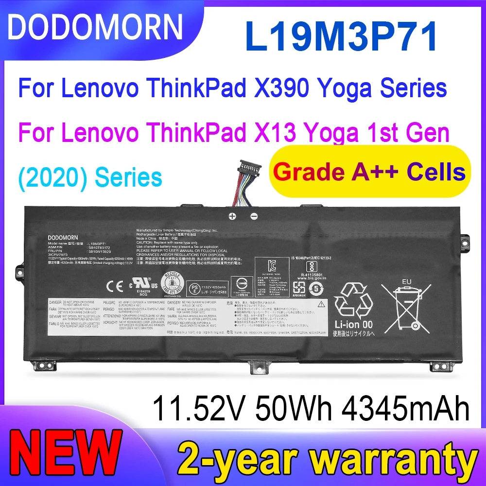 Фото Высококачественный аккумулятор L19M3P71 L18L3P72 для ноутбуков Lenovo ThinkPad X390 Yoga X13 Yoga Gen1 L18M3P72 SB10K97659 №1