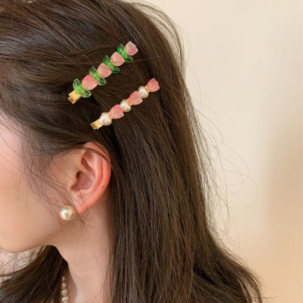 

New Sweet Korean Hairpins Barrettes for Women Resin Tulip Pearl Side Clip Hairclips Girls' Jewelry Hair Accessories