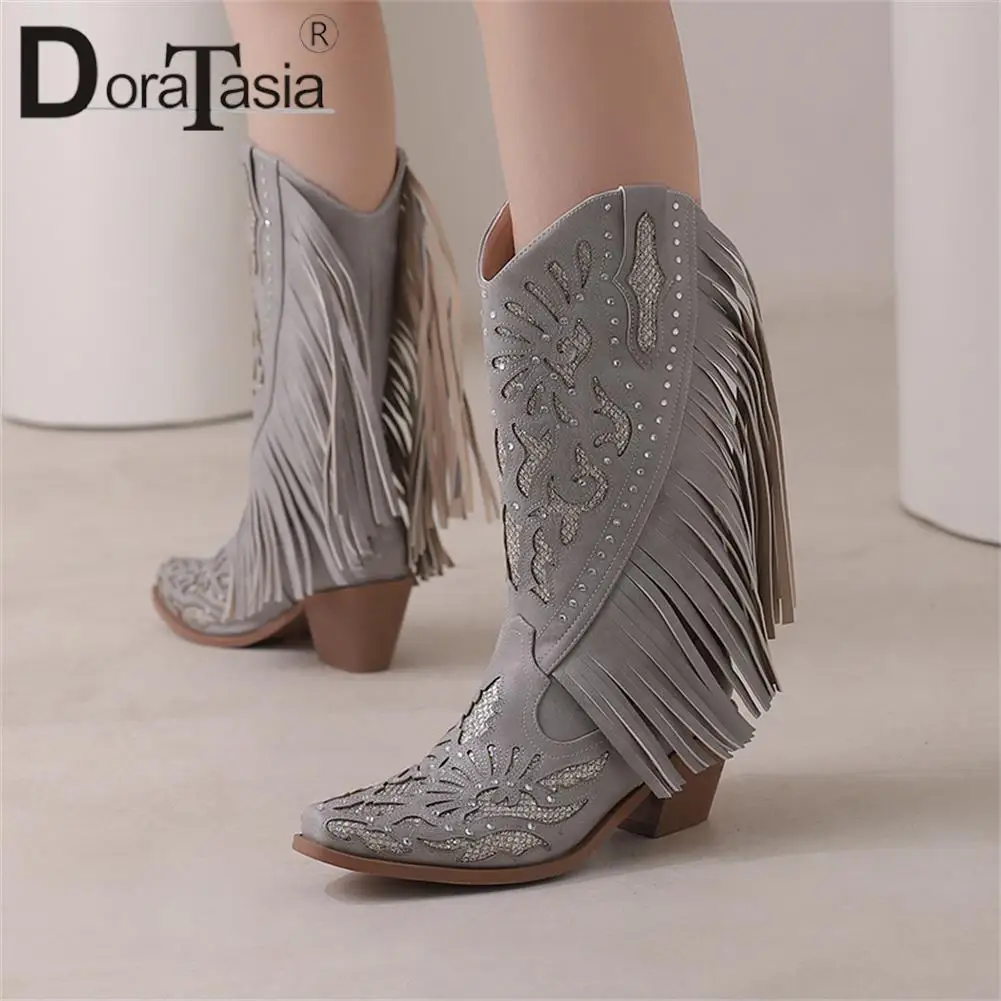 Plus Size 46 Brand New Ladies Cowgirl Boots Fashion Embroidered Fringe Chunky High Heels women's Boots Party Western Shoes Woman