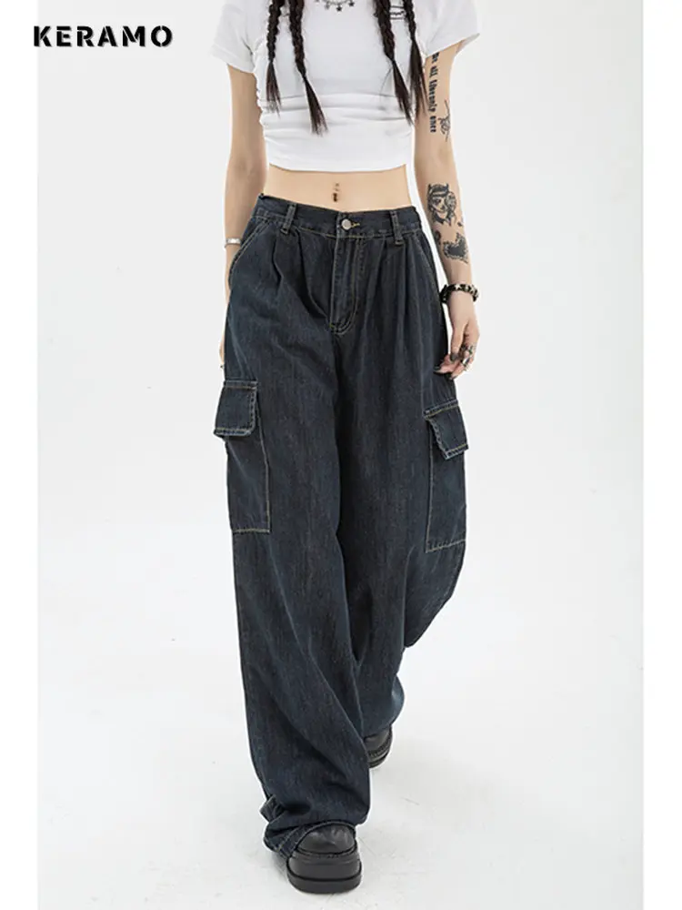 Summer Women Harajuku Cargo Baggy Blue Jeans Streetwear Hip Hop Oversize Casual Wide Leg Vintage Demin Pants Y2k Loose Trousers