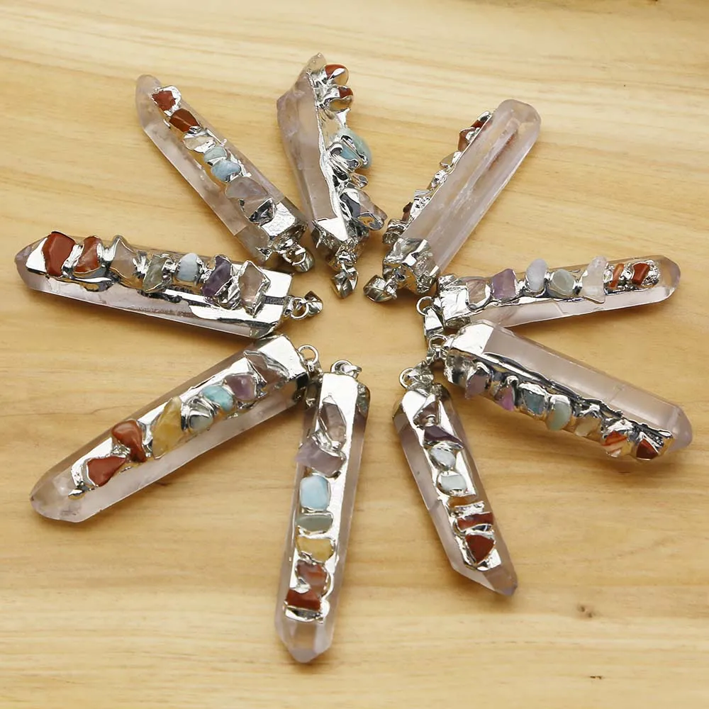 

Natural Stone White Crystal Pillar Silver Pendant 7 Color Inset Exquisite Necklace Charms DIY Jewelry Accessories Wholesale 4PCS