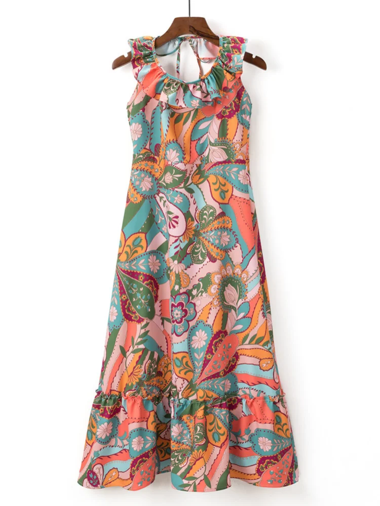 

Hsa bohemian dresses for women 2022 sleeveless Ruffles Floral Pleated Ruffles Vestidos Long Maxi Dress Elegant Beach Party Robe