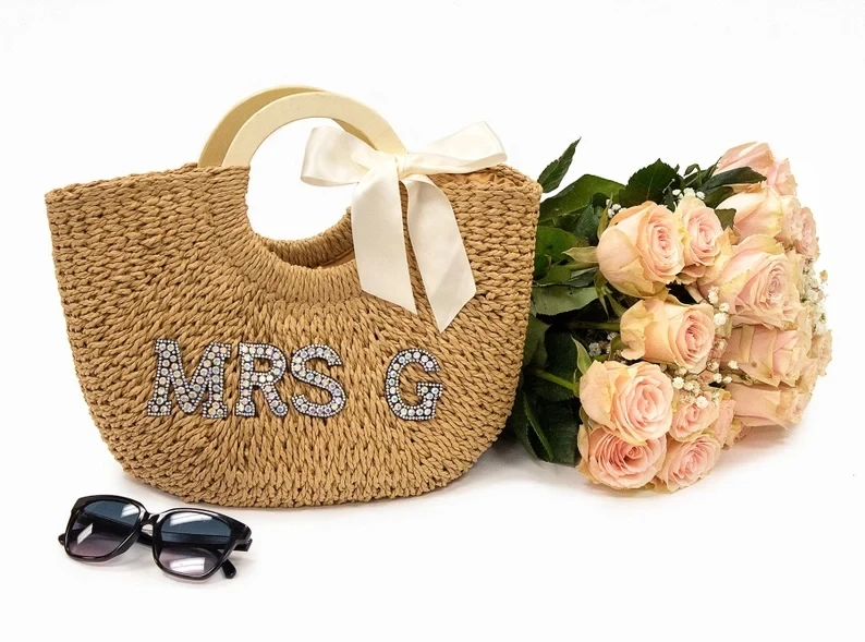 Bride Custom Beach Bag Personalized Straw Basket Bridal Shower Customized Straw Bags Custom Beach Bag Straw Tote Customized Bags