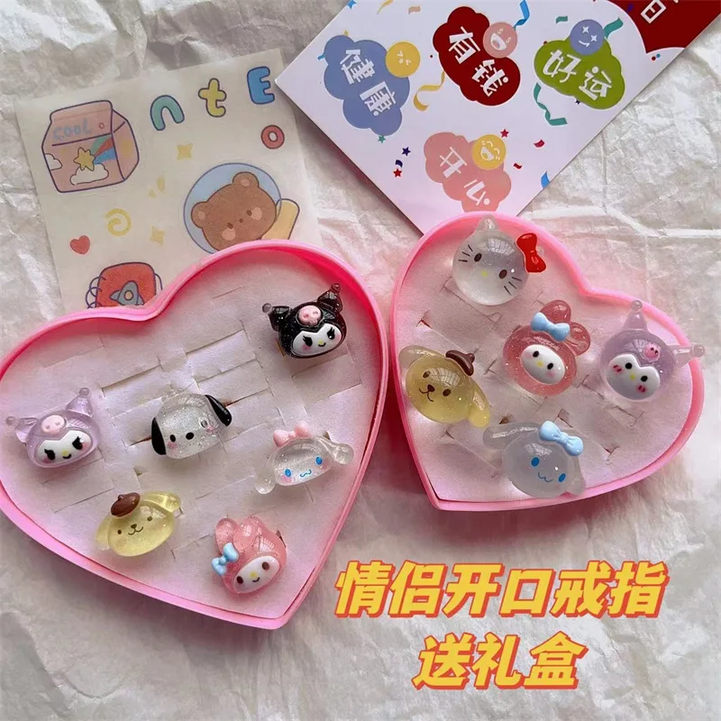 6Pcs Sanrio Ring  Hello Kitty Kuromi Cinnamoroll Kawaii Couples Girl&Child Cute Jewelry Adjustable Size Ornaments Holiday Gifts