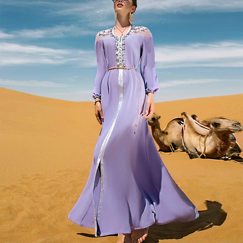 

Muslim Women Abaya Purple Gorgeous Embroidery Long Sleeve Long Kaftan Dresses