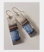 antique square blue stone dangle earrings for women vintage jewelry two tone metal carving handmade personalized earring