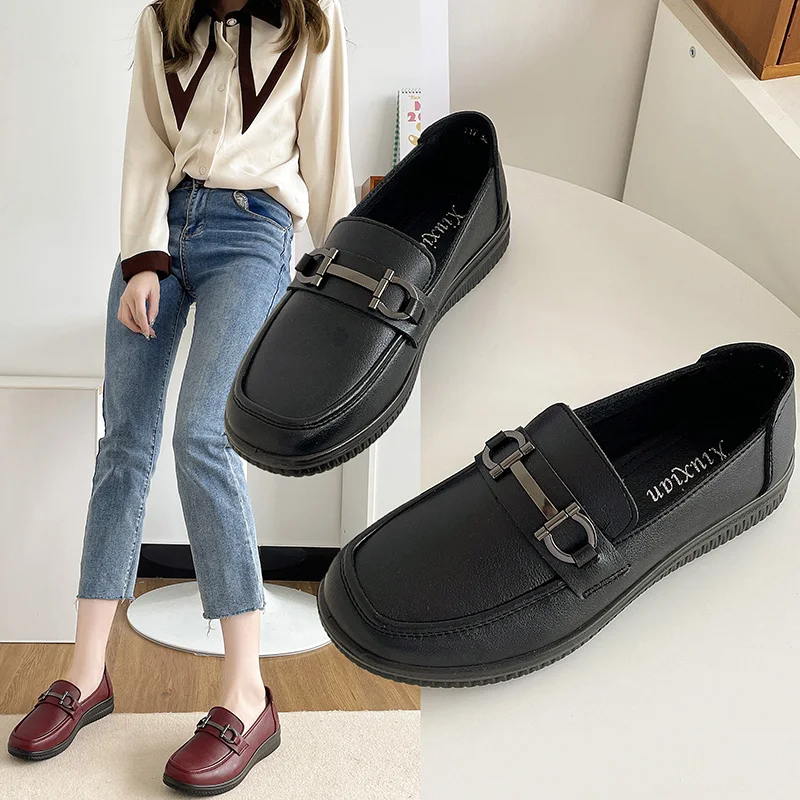 

2022 Women Work Shoes Comfortable for Work Leather Shoes Women Flats Soft Bottom Shoes Female Leisure Loafers Moccasins Woman