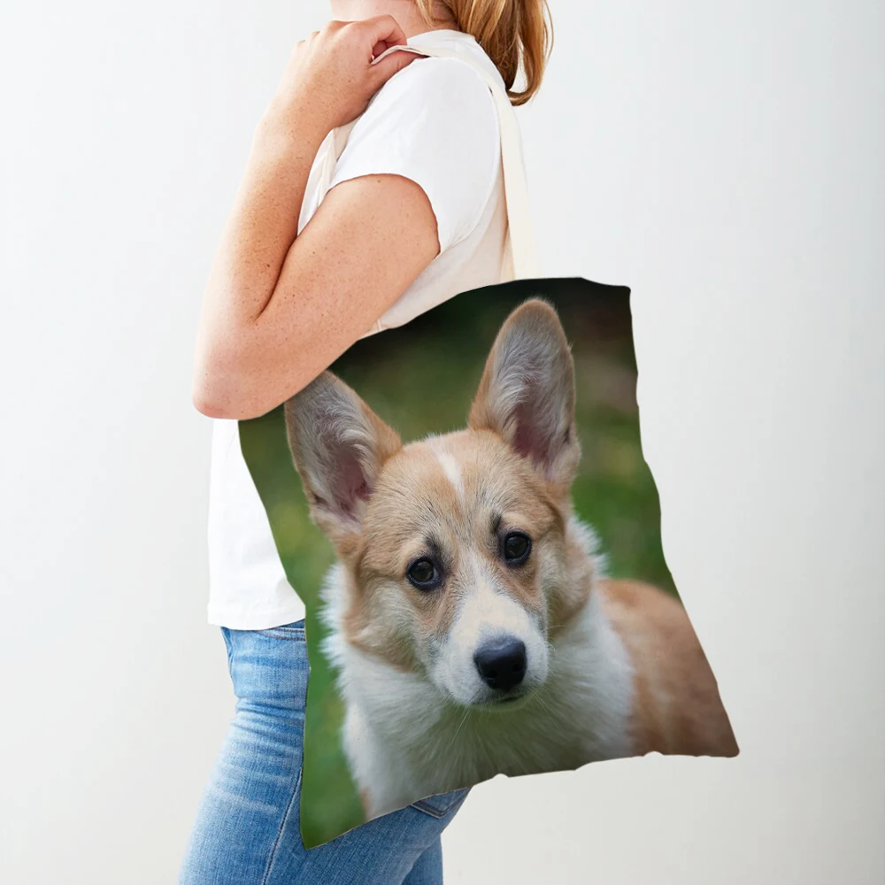 

Welsh Corgi Pembroke Print Women Shopping Bag Cute Animal Dog Casual Lady Shopper Bags Canvas Reusable Both Sided Tote Handbag