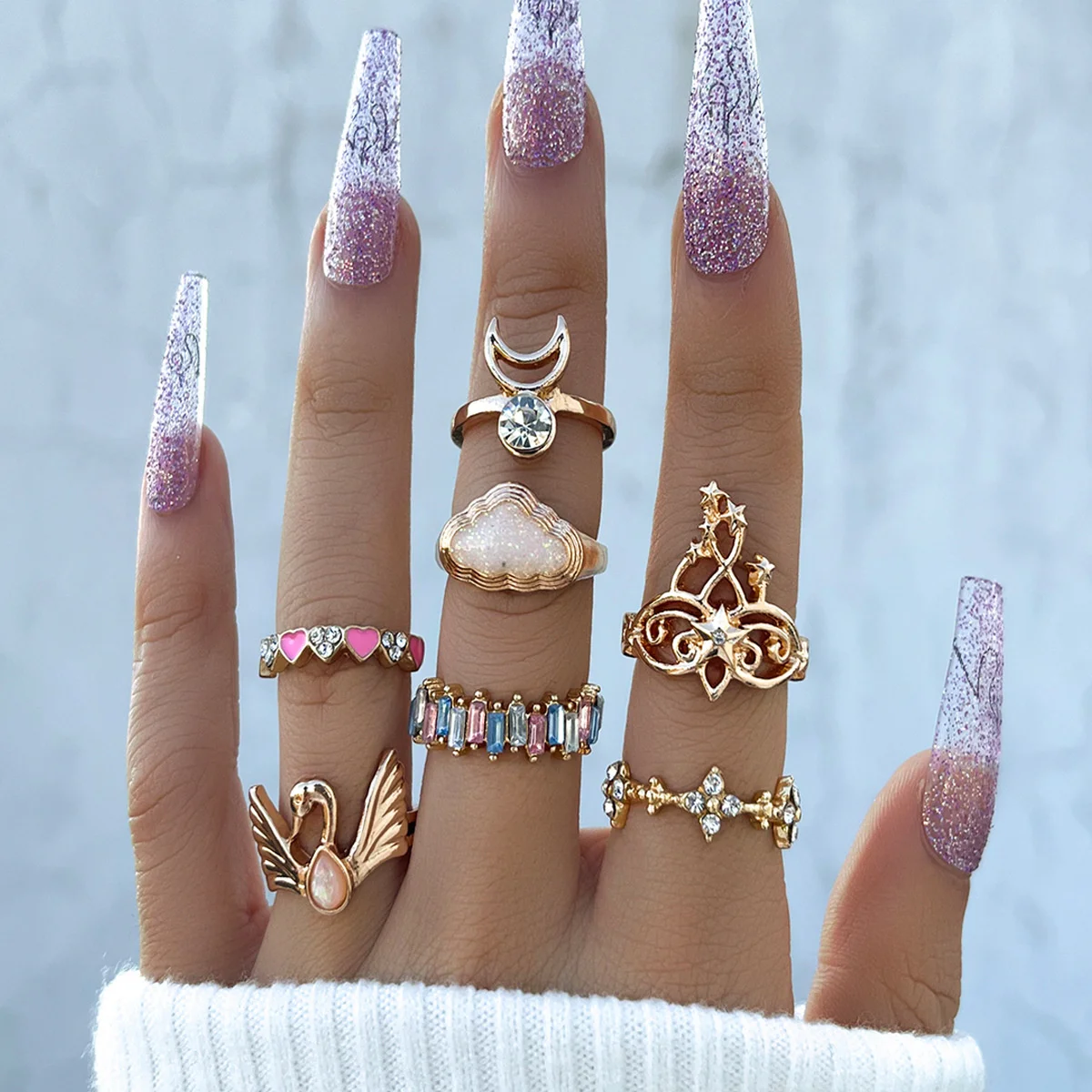 

Fashion Romantic Enamel Pink Love Ring for Women Boho Cloud Moon Swan Rhinestone Geometric Knuckle Ring Set Jewelry Accessories