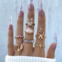 fashion romantic enamel pink love ring for women boho cloud moon swan rhinestone geometric knuckle ring set jewelry accessories