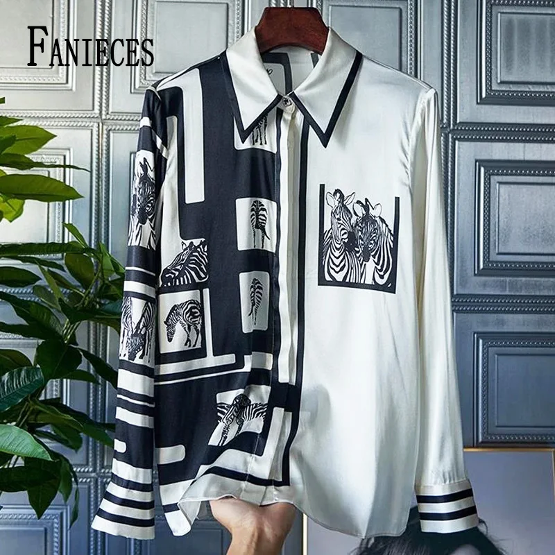 

FANIECES Fashion Patchwork Women Satin Vintage Shirt Spring Long Sleeve Slim Office Ladies Blouse Print Harajuku Blusas рубашка