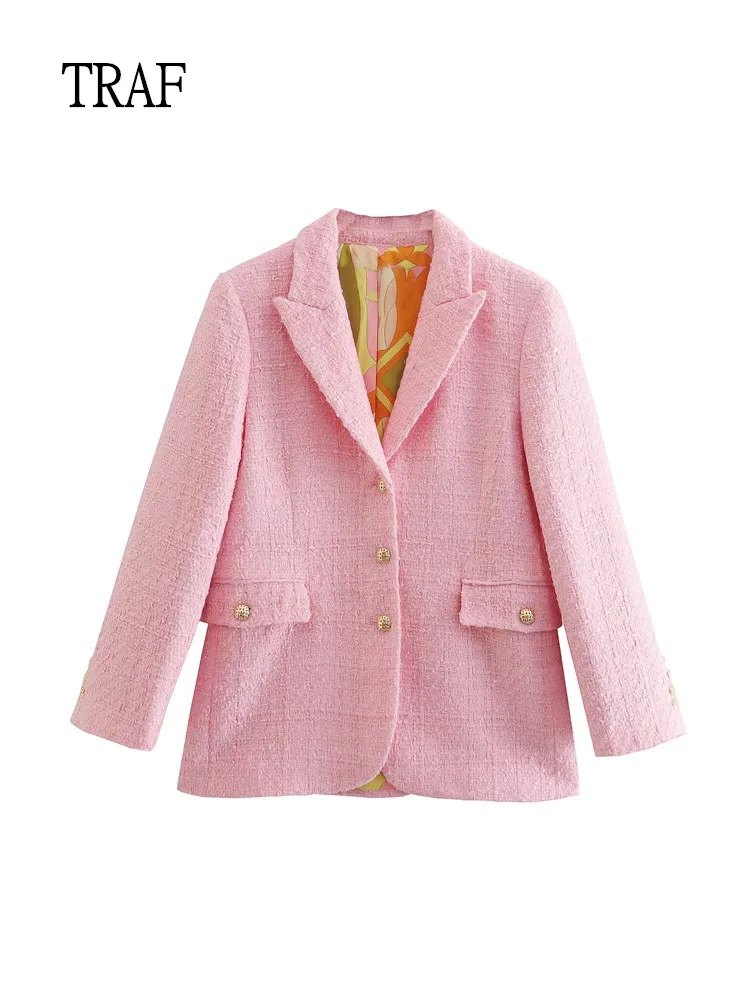 

TRAF Pink Women Blazer Jacket 2022 Vintage Textured Single Breasted Elegant Blazer Woman Coat Slim Fit Female Blazers Chic Tops