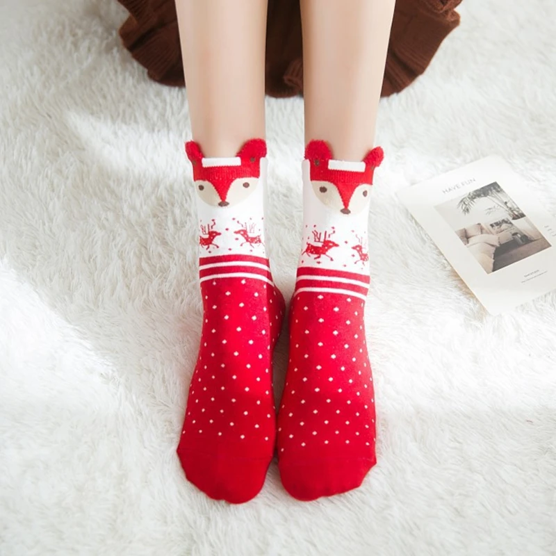 2022 New 1 Pair Women Cotton Socks Cartoon Red Dog Elk Bear Fox Christmas Socks For Spring Autumn Winter Hot Sale Christmas Gift