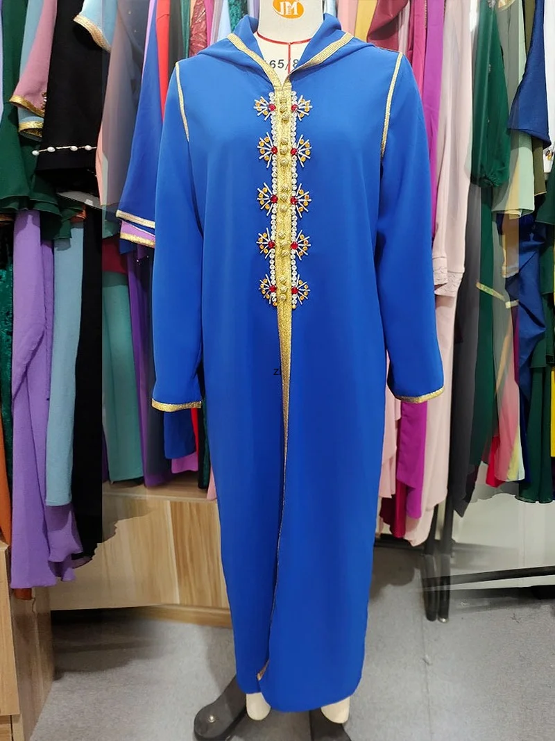 Gold Trimmings Djellaba Moroccan Hooded Caftan Women Rhinestones Arab Long Dress Muslim Dubai Saudi Gulf Party Abaya Kaftan Blue