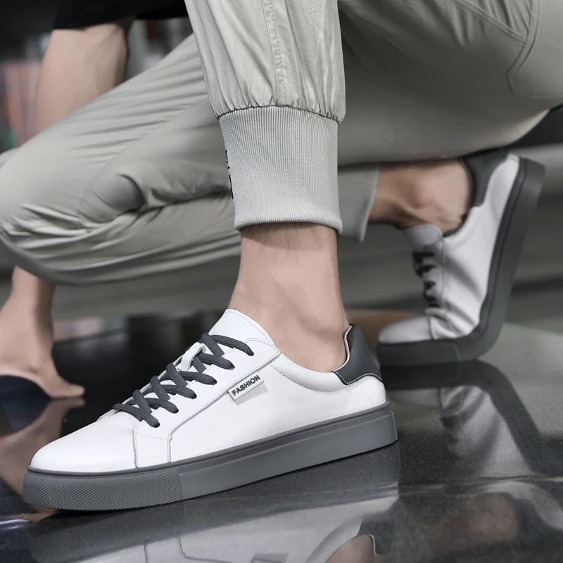 Fashion Men Casual Shoes Lace Up Genuine Leather Shoes Comfortable Off White Shoes for Men Flat Zapatos De Hombre
