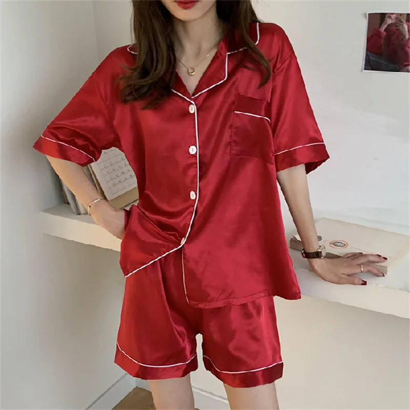 Women Pajamas Sets Summer Sleepwear  Short-Sleeved Ice Silk Night Clothing Cardigan Lapel Simulation Silk Home Service Suit 2022