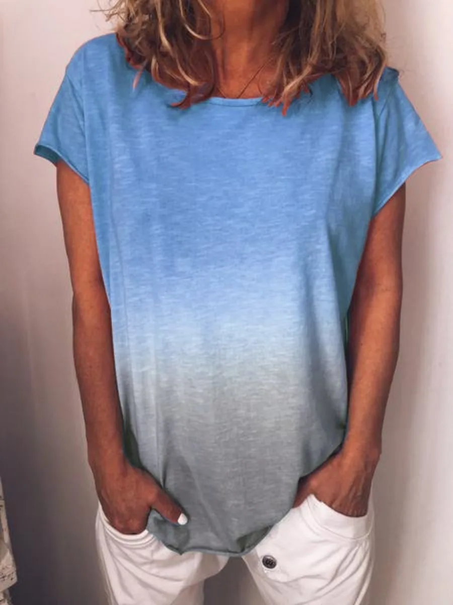 

Women's T-shirt Casual Tops Rainbow Gradient Print Tees Streetwear Ladies Loose O Neck Shrot Sleeve Ragged Edge T-shirts