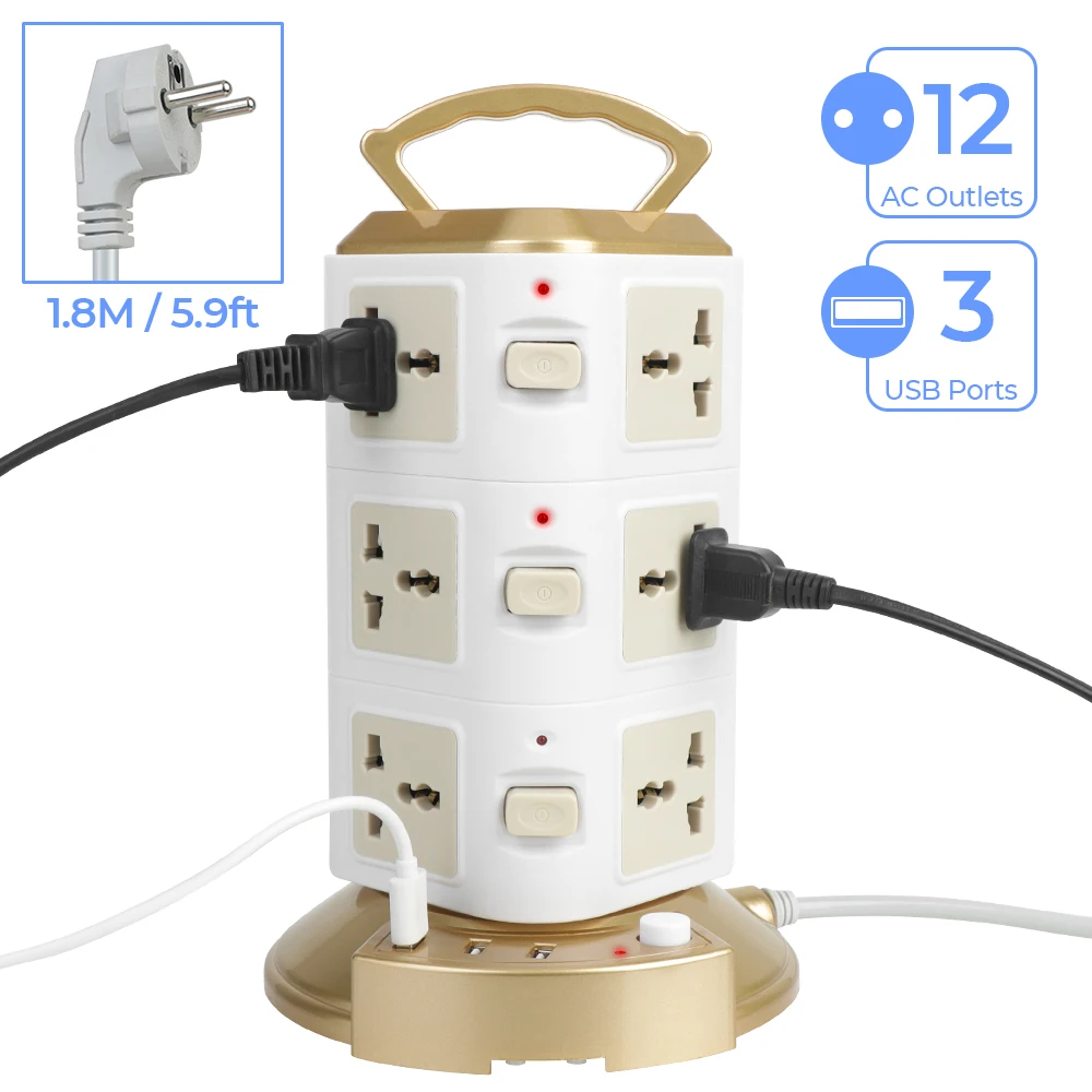 

EU US UK AU Universal Socket EU Plug 1.8m Cord 12 Way Outlets Overload Protector With 3 USB Tower Multi Power Strip Vertical