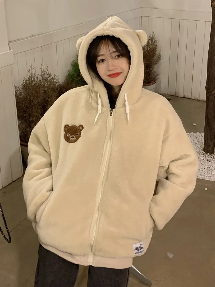 Faux Lamb Wool Coat Female Lamb Cashmere Hooded Sweater Cute Girl Autumn  Winter Clothing Thickened Warm Long Sleeved Clothes