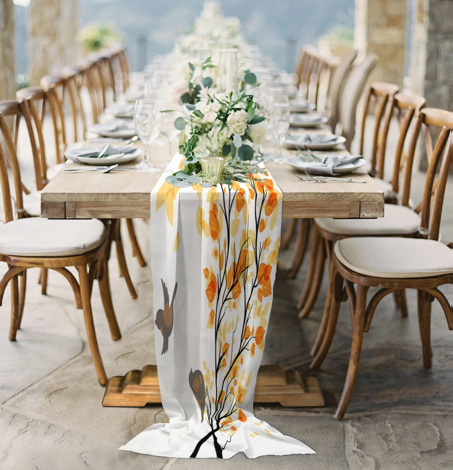 

Autumn Leaf Branch Bird Chiffon Table Runner for Wedding Celebration Banquet Festival Party Backdrop Decor