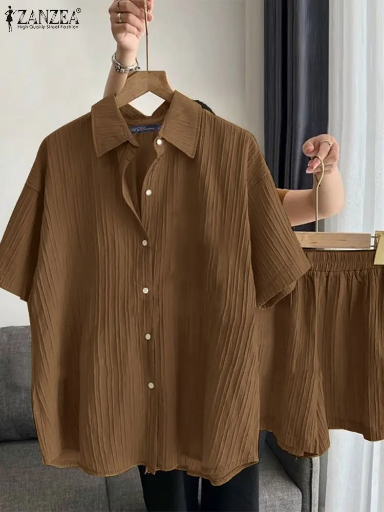 Женский комплект из 2 предметов ZANZEA лето 2024 рубашка с коротким рукавом топ и брюки