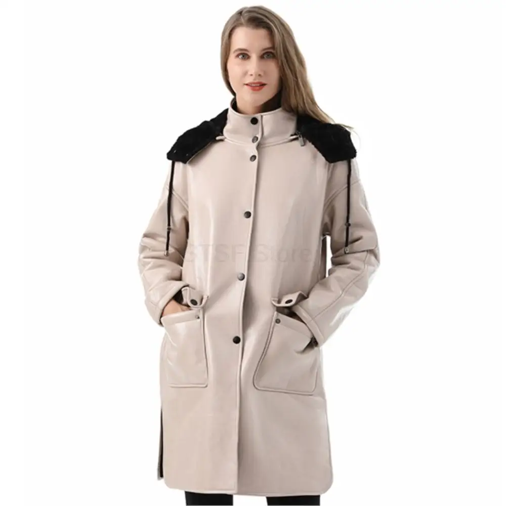Women Real Leather Long With Detachable Hood Jacket Lapel Pocket Single Breasted Coat Pure Color Cowhide Women's Indbreaker